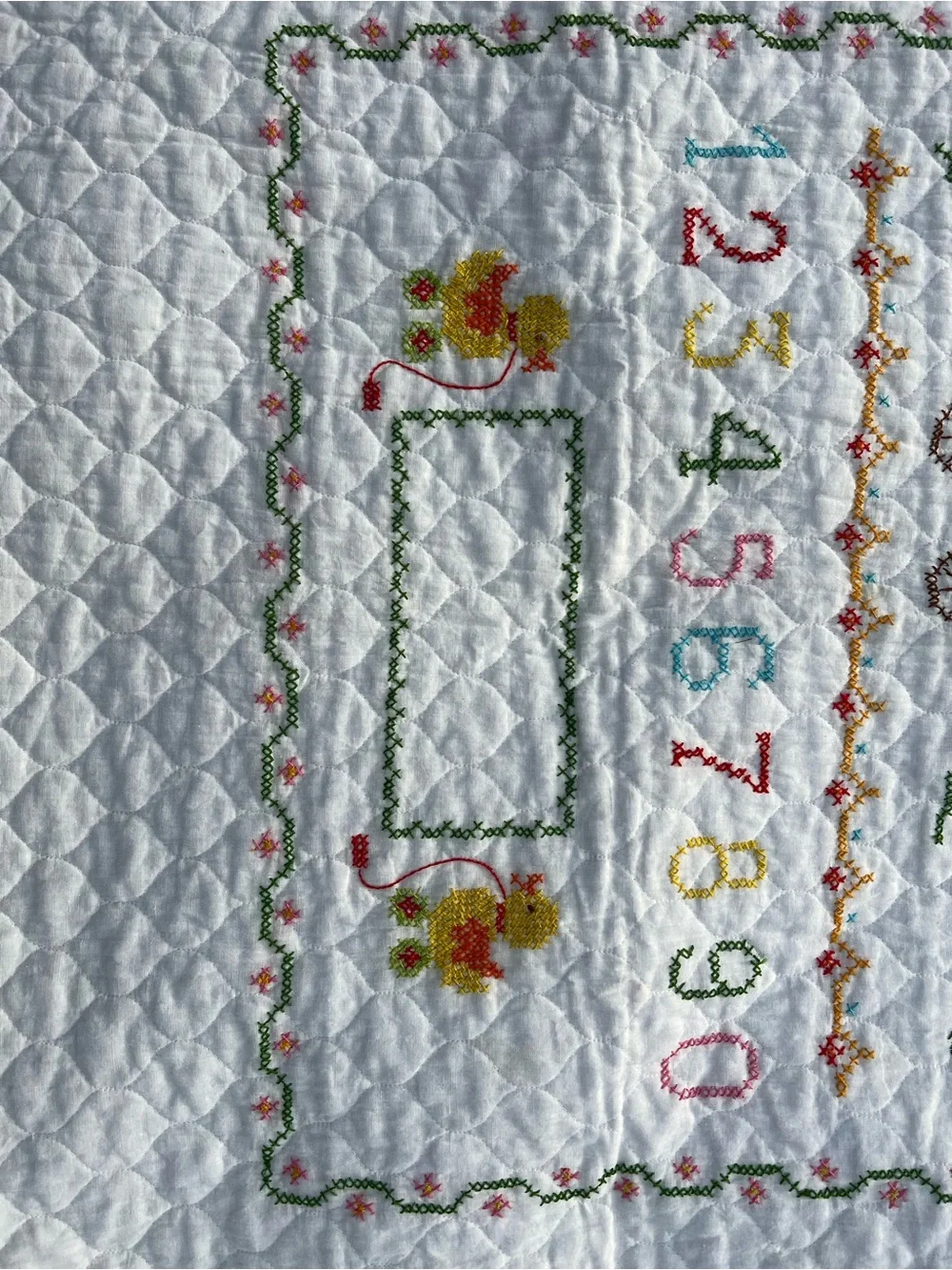 Hand-Embroidered Alphabet Sampler Quilt - Pastel & Primary Floral Motifs